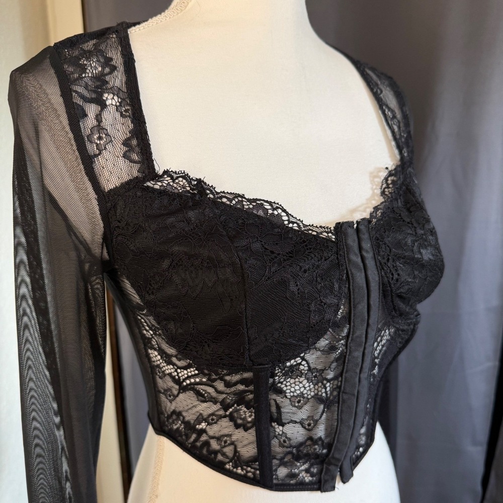 Black Lace Corset Crop Top Sheer Mesh Long Sleeve Hook Eye Front Gothic - Picture 6 of 7
